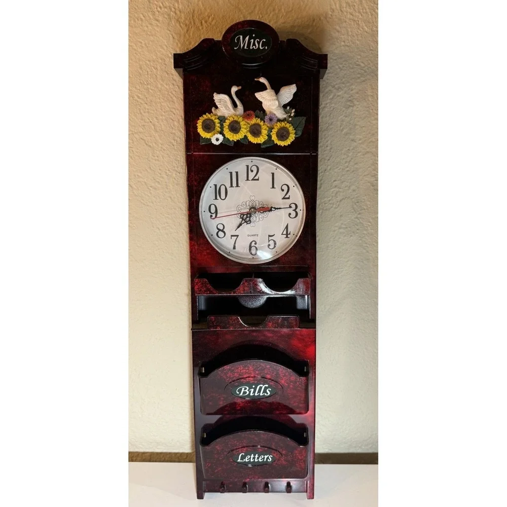 VTG Wall Clock Mail Organizer Swans Sunflower Bills Letters Holder Cottagecore